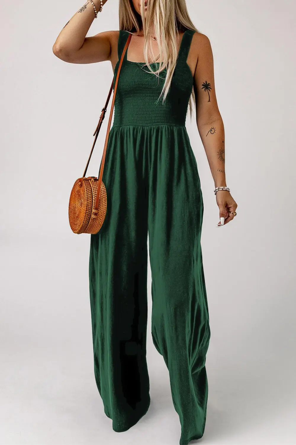 Smocked Square Neck Wide Leg Pockets Jumpsuit