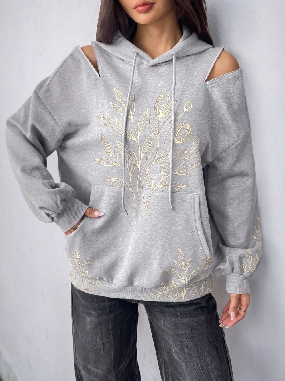 Women's Floral Botanical Line Art Printed Cold Shoulder Hoodie