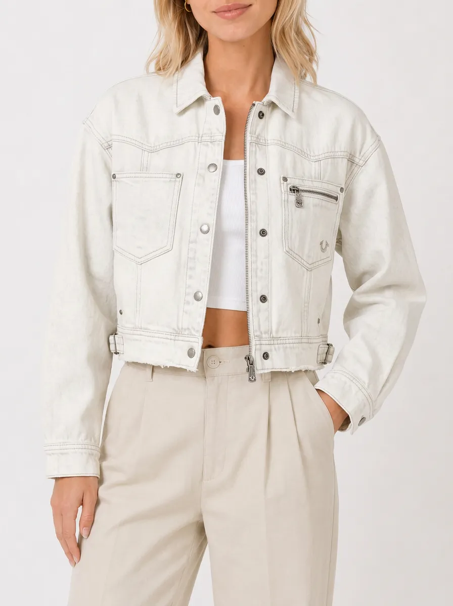 Women's Vintage Washed Off-White Cropped Denim Jacket