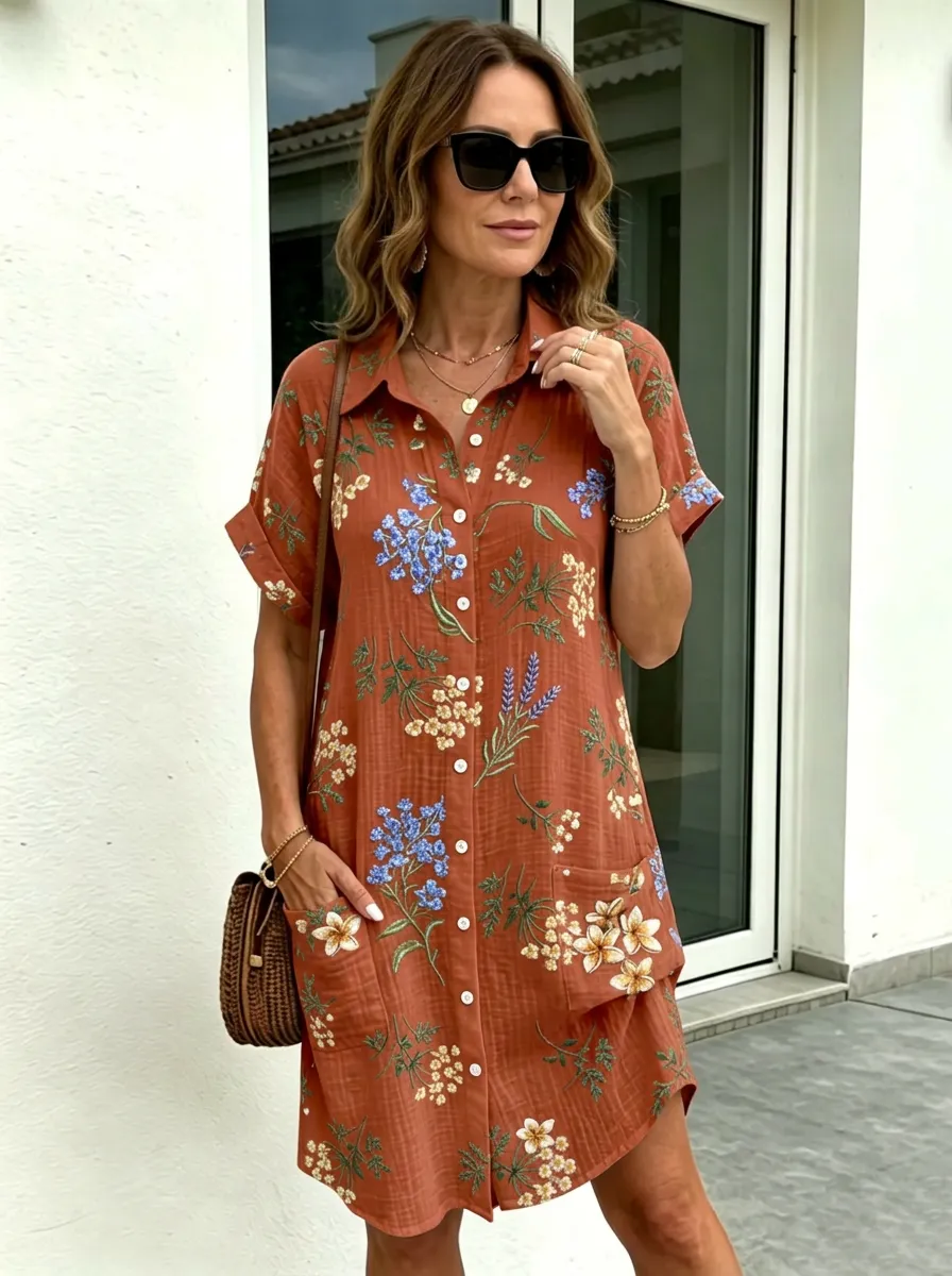 Women's Summer Vacation Floral Botanical Printed Shirt Dress