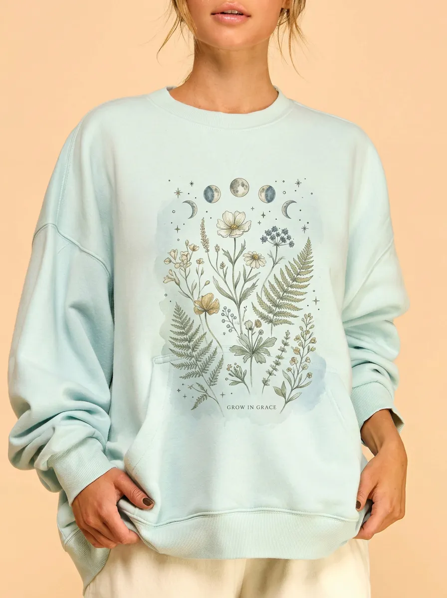 Women's Botanical Moon Phase Grow In Grace Printed Sweatshirt