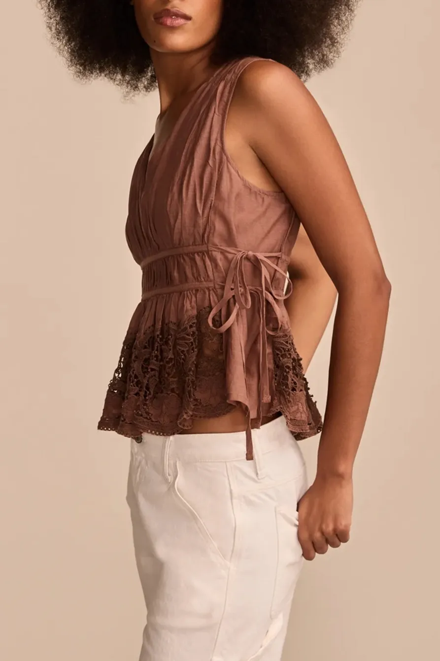 Deep V Neck Lace Ruched Tank Top