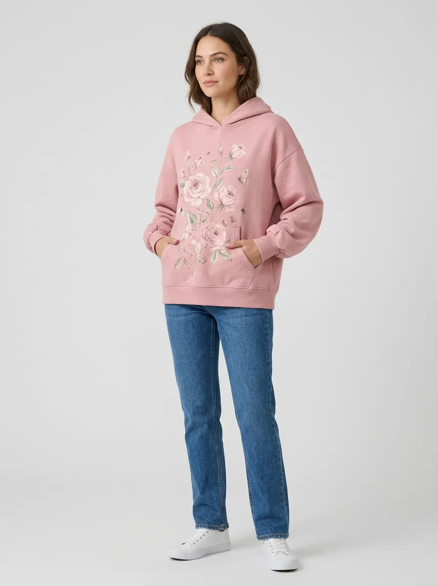 Women's Floral Lover Pink Rose Butterfly Printed Hoodie