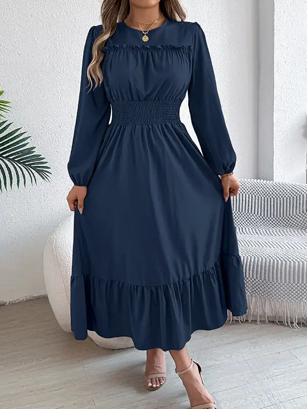 Elasticated Pleated Neck Maxi Dress
