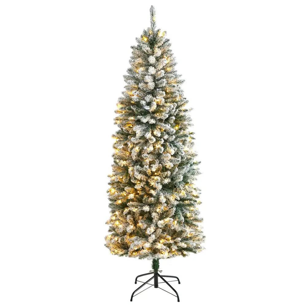 Slim Flocked Montreal Fir Artificial Christmas Tree with LED Lights and Branches