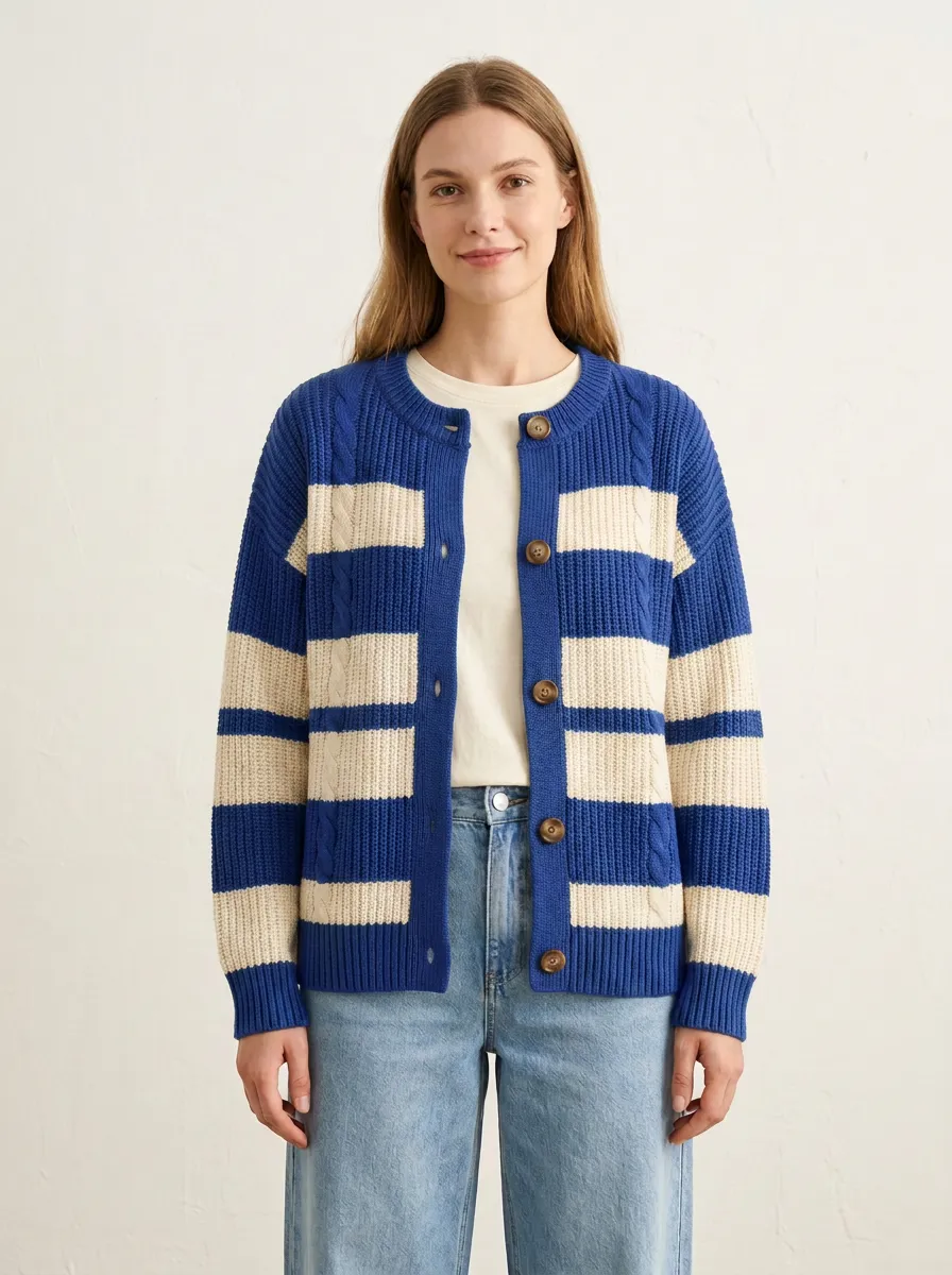 Rugby Striped Cable Knit Cardigan