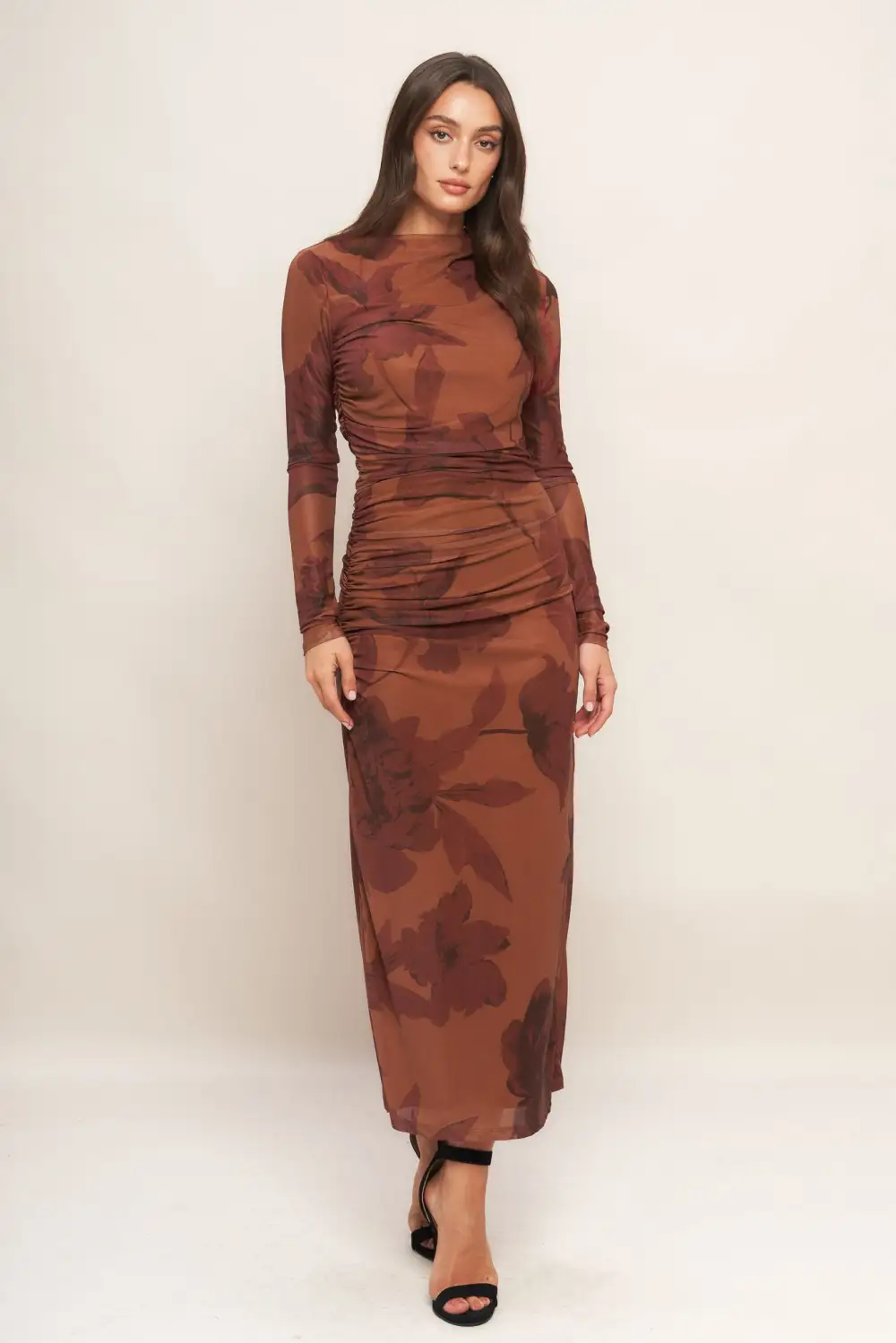 Long-Sleeve Mesh Printed Midi Dress