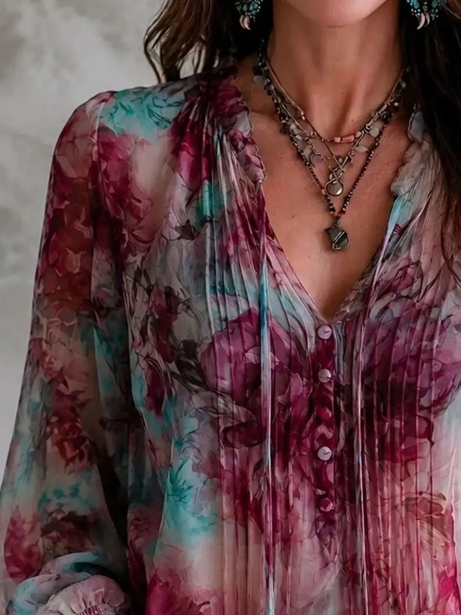 Boho Floral Print Tassel Tie Smocked Cuff Long Sleeve Blouse