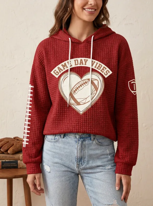 Women's Football Lover Game Day Vibes Heart Printed Hoodie