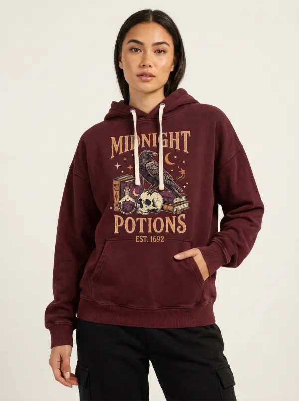 Women's Halloween Witchy Raven Skull Potion Printed Hoodie