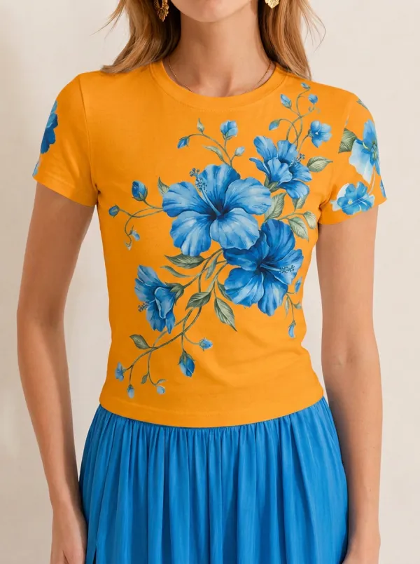 Women's Floral Lover Blue Hibiscus Printed T-shirt