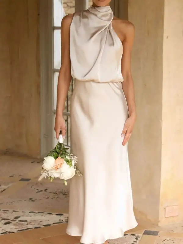 Modern Ruched Sleeveless Midi Dress