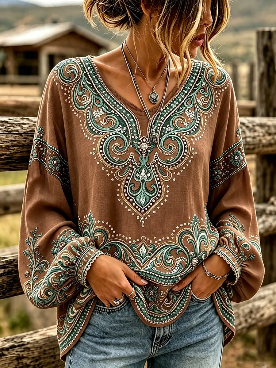 Women'S Floral Pattern Long Sleeved Linen Shirt
