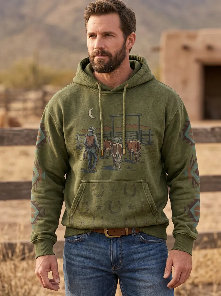 Men's Western Cowboy Ranch Cattle Graphic Hoodie