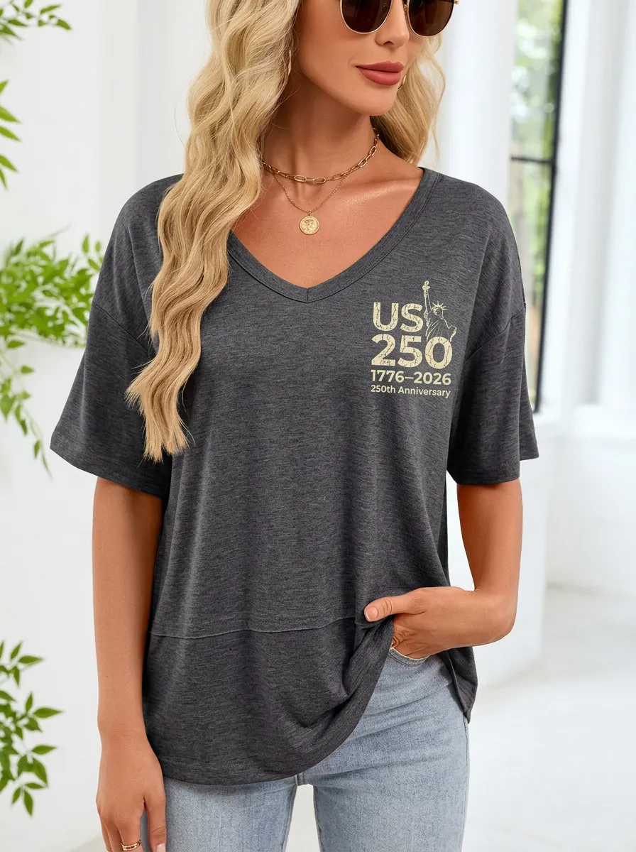 Women's USA 250th Anniversary Statue of Liberty Printed V-Neck T-Shirt