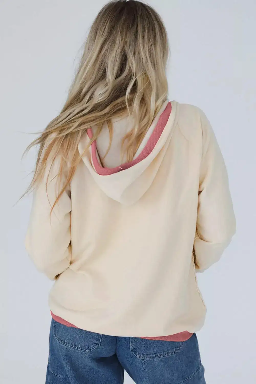 Drawstring Pocketed Crochet-Knit Contrast Hoodie