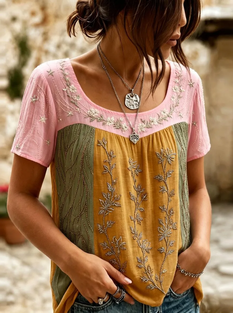 Women's Boho Floral Star Embroidered Printed Short Sleeve T-shirt