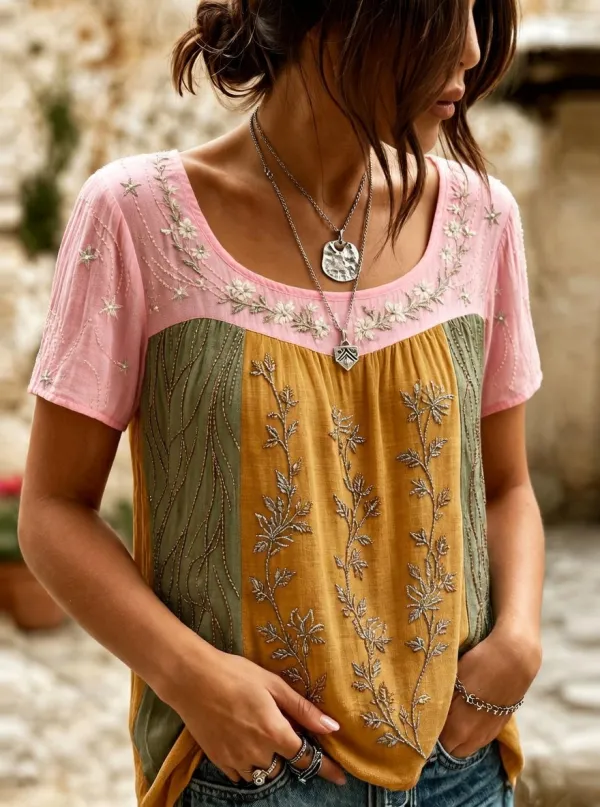 Women's Boho Floral Star Embroidered Printed Short Sleeve T-shirt