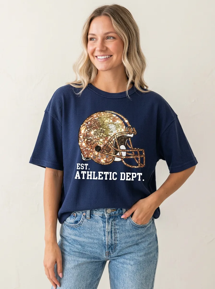 Women's Football Lover Glitter Helmet Athletic Dept Printed T-shirt