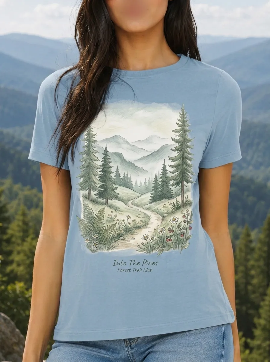 Women's Nature Lover Mountain Forest Trail Printed T-shirt