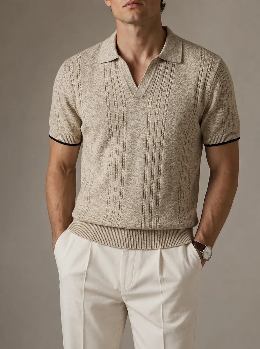 Men's Vintage Casual Beige Ribbed Knit Polo Shirt