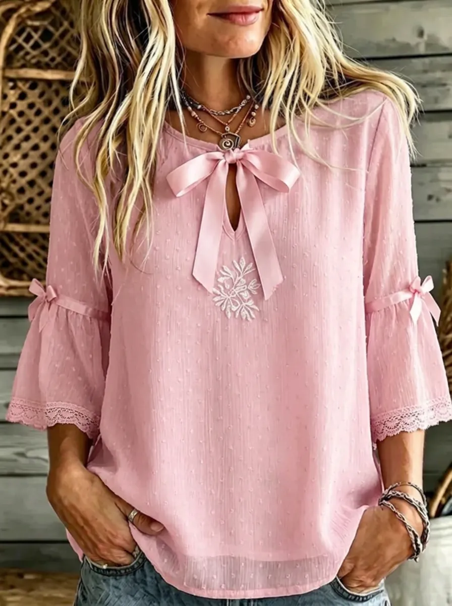 Women's Round Neck Bow-detail Swiss Dot Blouse