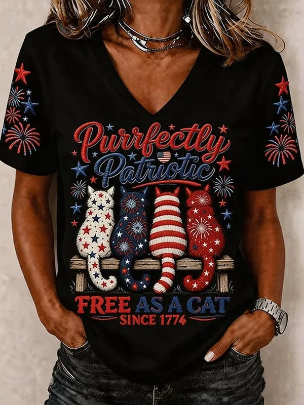 Women'S 250Th Anniversary Cat Printed V-Neck T-Shirt