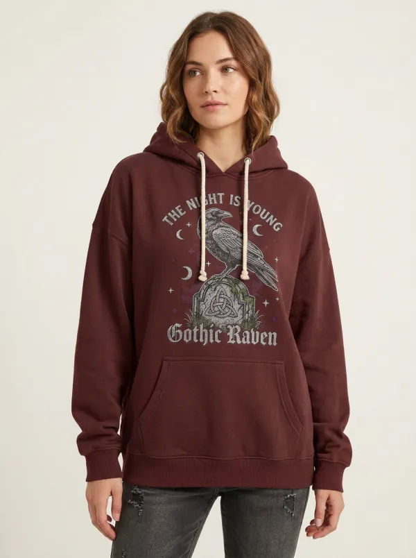 Women's Halloween Gothic Raven Tombstone Printed Hoodie