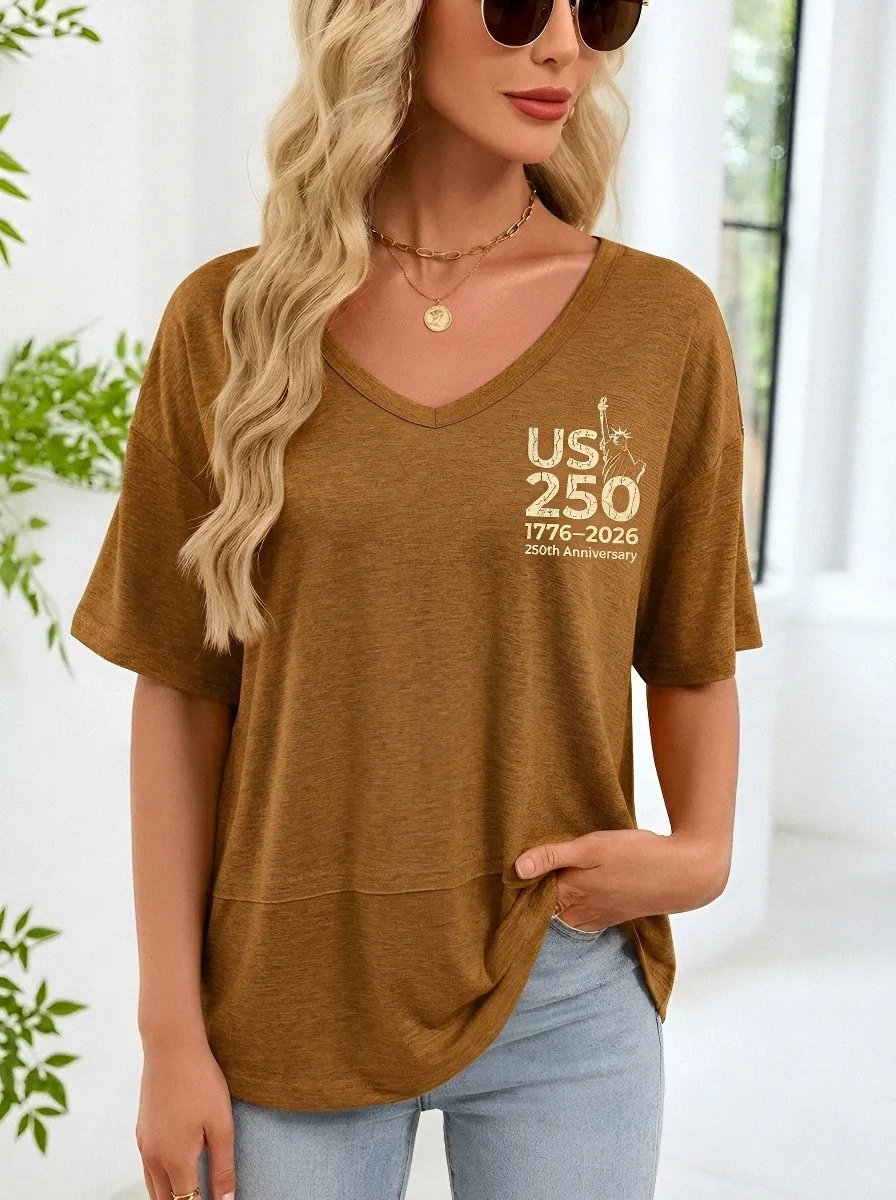 Women's USA 250th Anniversary Statue of Liberty Printed V-Neck T-Shirt
