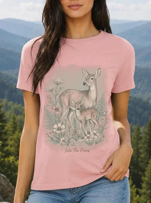 Women's Forest Nature Lover Deer Fawn Floral Printed T-shirt