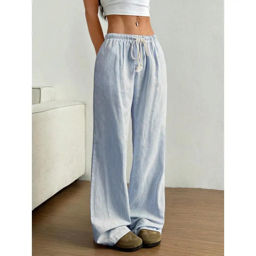Drawstring Striped Wide Leg Pants