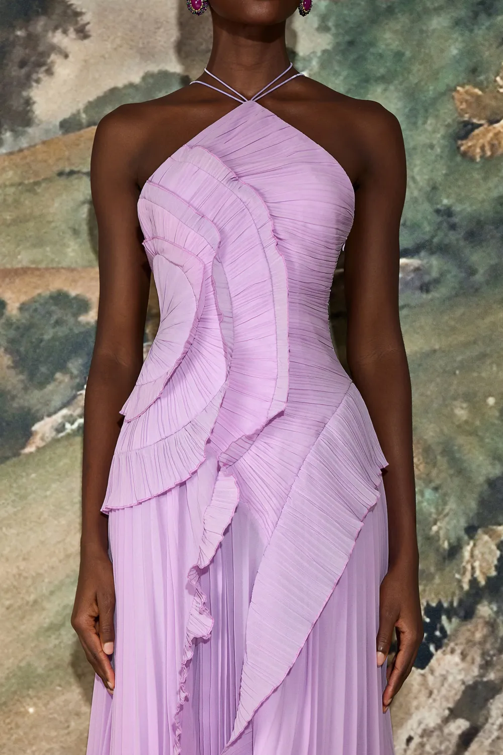 Pleated Frill Halter Neck Midi Dress