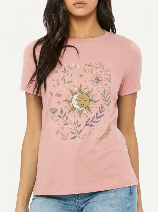 Women's Celestial Boho Sun Moon Floral Printed T-shirt