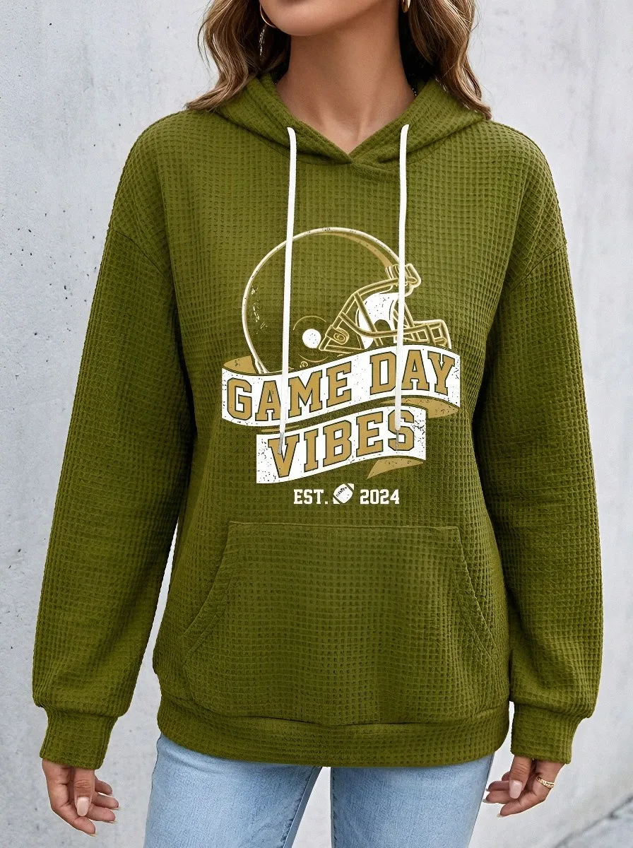 Women's Football Lover Game Day Vibes Helmet Graphic Waffle Hoodie