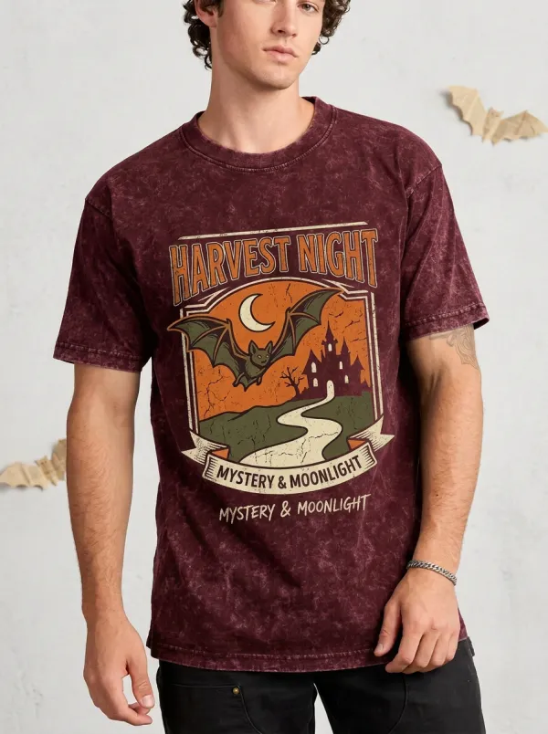 Men's Halloween Harvest Night Bat Castle Printed T-shirt