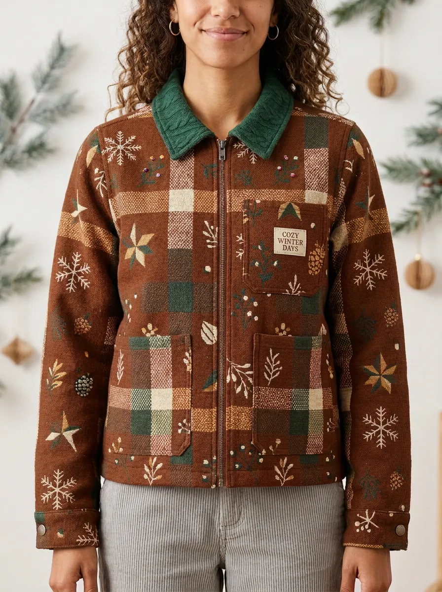 Christmas Snowflake Plaid Pattern Print Zip-up Jacket