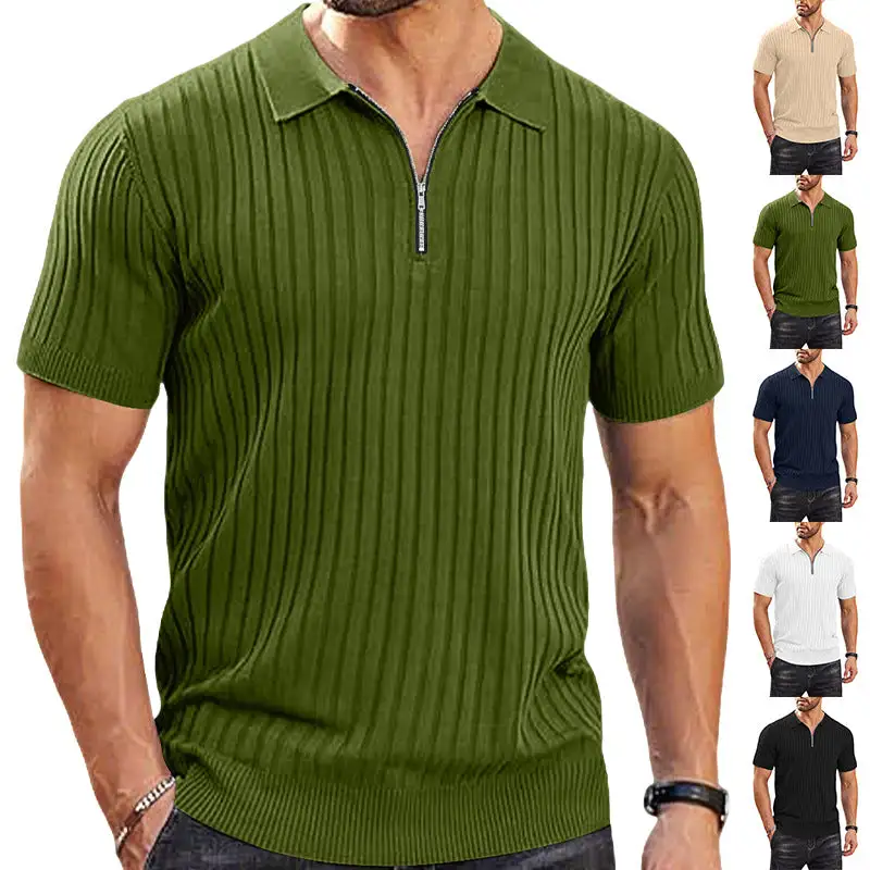 Zip Front Short Sleeve Fine Knit Polo Shirt