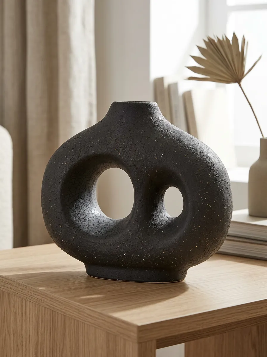 Modern Minimalist Black Textured Ceramic Hollow Vase