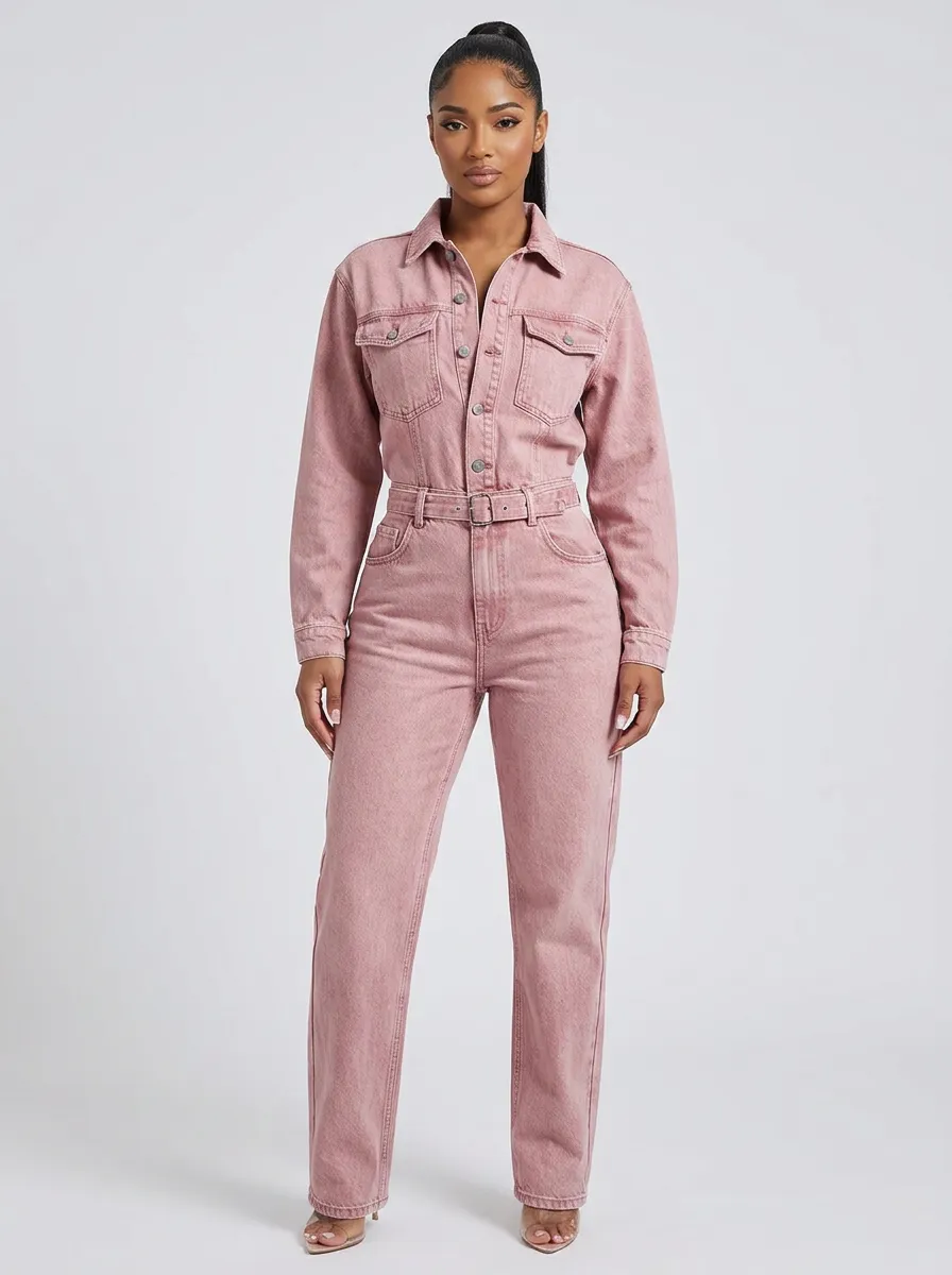 Pink Relaxed Button-Front Denim Jumpsuit