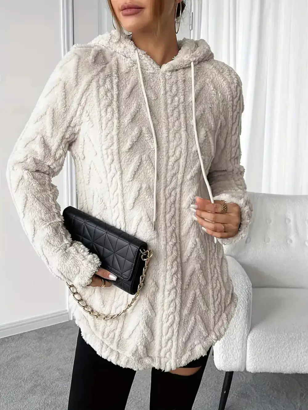 Drawstring Textured Fleece Hoodie