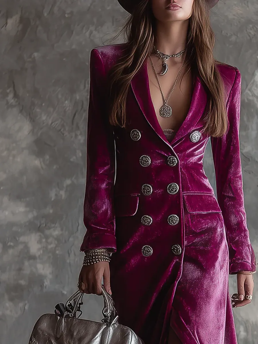 Vintage Button-down Velvet Long Blazer