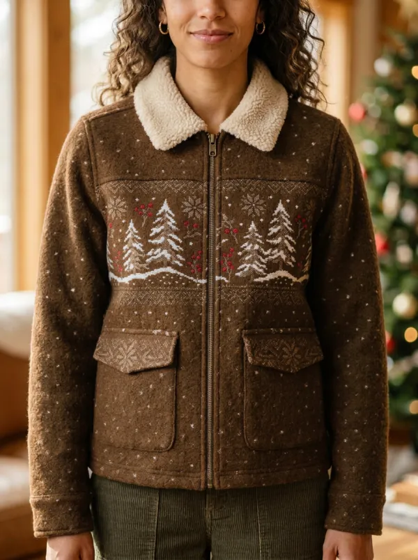 Christmas Holiday Pine Tree Berry Print Sherpa Collar Jacket