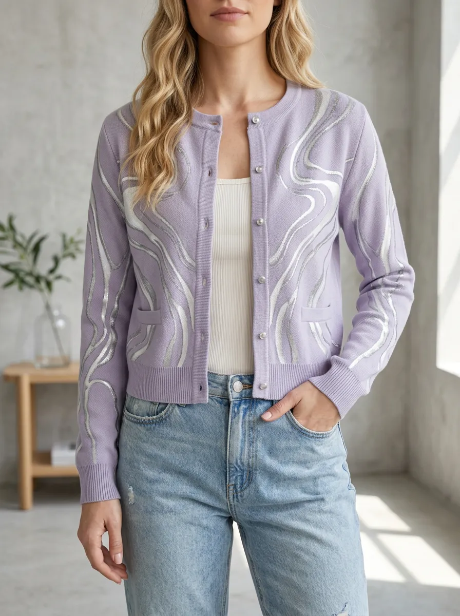 Women's Lavender Silver Abstract Swirl Printed Cardigan