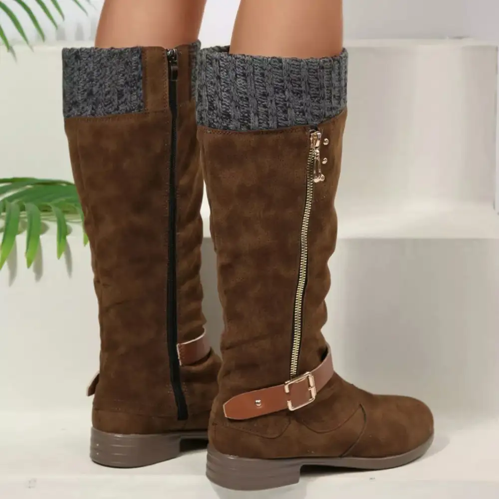 Ruffled Round Toe Block Heels Boots