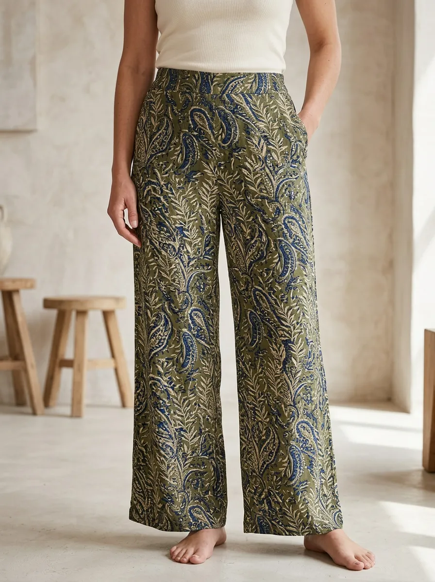 Women's Olive Green Paisley Floral Printed Wide Leg Pants