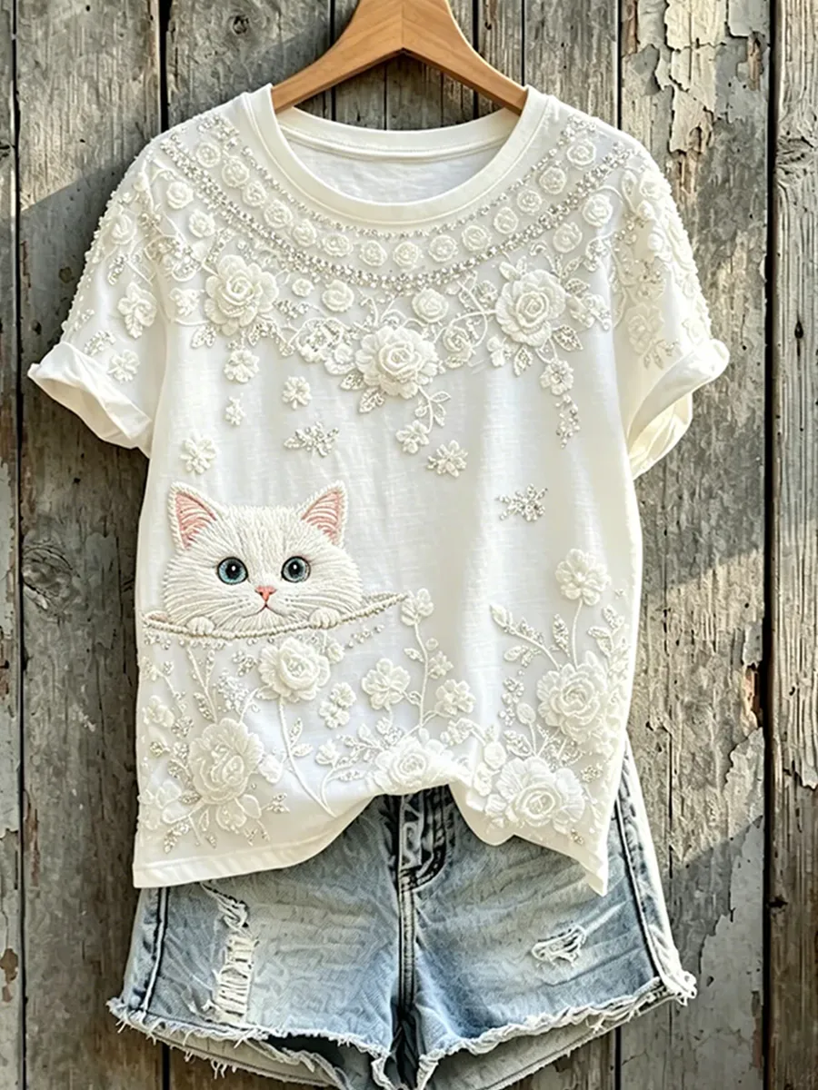 Women'S Casual Floral Cat Printed T-Shirt