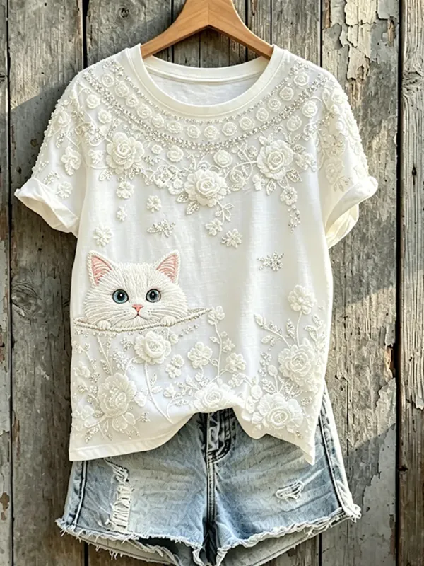 Women'S Casual Floral Cat Printed T-Shirt