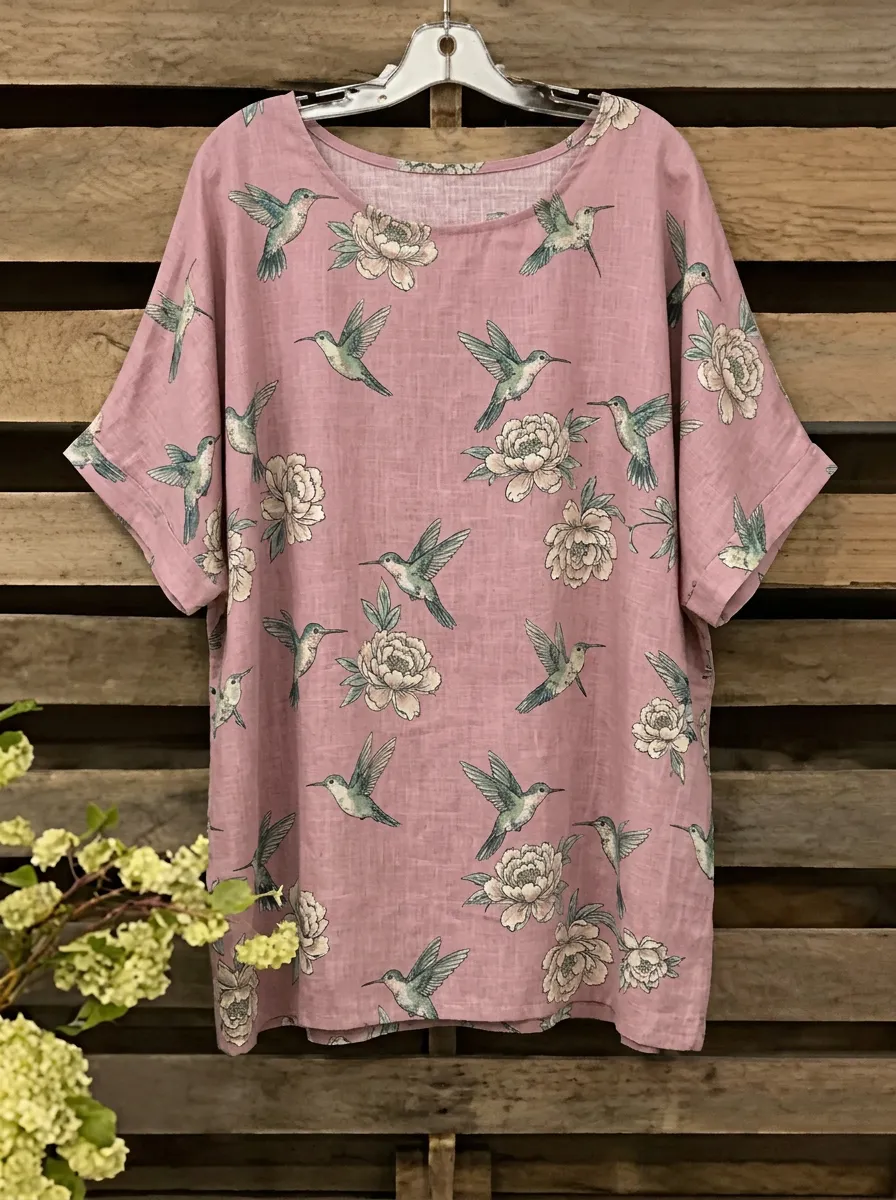 Woodland-Inspired Hummingbird Floral Women's Loose Printed T-Shirt
