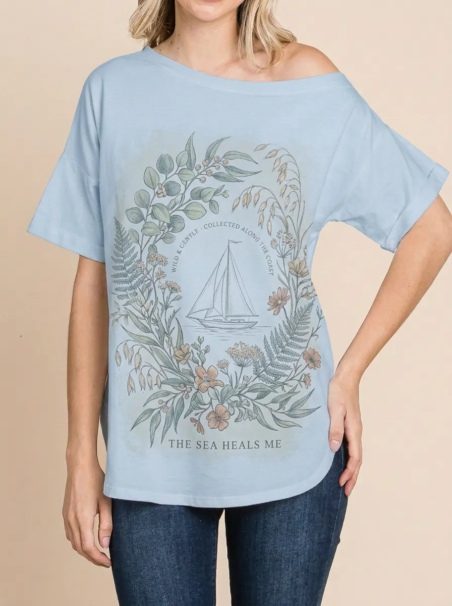 Women's Coastal Nautical Sailboat Floral Wreath Printed T-shirt