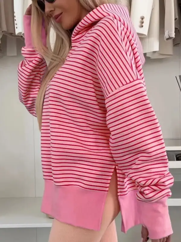 Drawstring Kangaroo-Pocket Oversized Striped Hoodie